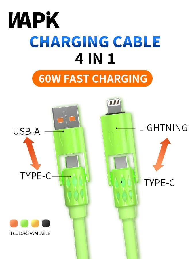 وابيك كابل شحن سريع 4 في 1 من علامة كورية، قوة 60 واط، USB-A و Type-C إلى Type-C / Lightning، سيليكون سائل، نقل بيانات 480Mbps، أخضر - Image 2